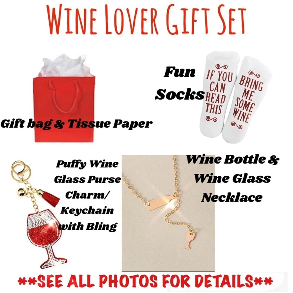 Rhinestone Wine Purse Charm Keychain, Gold Lariat Wine Necklace, Wine Socks &